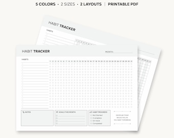 May include: A printable monthly habit tracker document featuring a grid for 31 days, a section for habits, notes, goals, and progress status. The text reads MONTHLY HABIT TRACKER, 5 COLORS, 2 SIZES, 2 LAYOUTS, PRINTABLE PDF, and DISCIPLINE TODAY BUILDS THE LIFE YOU WANT TOMORROW.