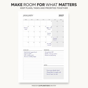 2027 Monthly Planner on One Page, Monthly Organizer, Monthly Agenda, Month at a Glance, Printable & Fillable, A4/A5/Letter/Half