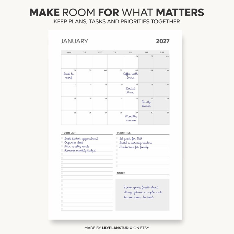 2027 Monthly Planner on One Page, Monthly Organizer, Monthly Agenda, Month at a Glance, Printable & Fillable, A4/A5/Letter/Half