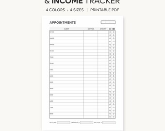 Può includere: Un documento stampabile per il monitoraggio giornaliero di appuntamenti e redditi con colonne per cliente, servizio e importo. L'intestazione recita DAILY APPOINTMENT & INCOME TRACKER, 4 COLORS, 4 SIZES, PRINTABLE PDF e MADE BY LILYPLANSTUDIO ON ETSY.