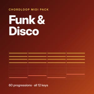 May include: A digital graphic for a CHORDLOOP MIDI PACK titled Funk & Disco. The design features a deep red gradient background with white text, a yellow header, and a grid showing musical note progressions with 60 progressions in all 12 keys.