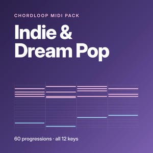May include: A digital graphic for a Chordloop MIDI pack titled Indie & Dream Pop. The purple background features white text and a visual representation of musical notes on a grid, with the text 60 progressions · all 12 keys at the bottom.