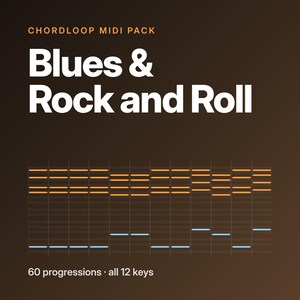May include: A digital graphic for a Chordloop MIDI pack titled Blues & Rock and Roll. The design features white text on a dark brown gradient background, displaying a musical piano roll grid with orange and light blue horizontal note bars.