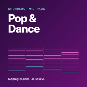 May include: A digital graphic for a Chordloop MIDI pack titled Pop & Dance. The purple background features white text and a visual representation of musical notes as horizontal pink and blue lines, with the text 60 progressions all 12 keys.