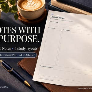 Cornell Notes Template, 4 Study Note Layouts with Cues and Summary, Printable and Fillable PDF, A4 and Letter