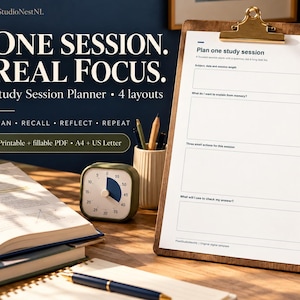 May include: A study session planner on a wooden clipboard with the text ONE SESSION. REAL FOCUS. Study Session Planner. The document includes sections for subject, date, session length, recall, and actions. A timer, pens, and books are nearby.