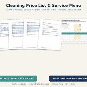 Peut inclure: Un ensemble de modèles numériques de liste de prix et de menu de services de nettoyage comprenant plusieurs pages avec une liste de prix client, des inclusions de services, un menu d'options, des politiques et un tableur de calcul.