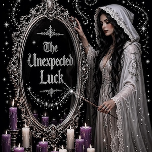 May include: An ornate silver mirror with the text "The Unexpected Luck" is surrounded by candles and a person in a white hooded gown. The image has a dark, mystical theme with sparkling stars.