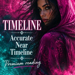 May include: A digital graphic featuring a person in a magenta hooded cloak against a dark background with a clock face and glowing teal light. The text reads: TIMELINE, Accurate Near Timeline, and Premium reading in white and pink lettering.