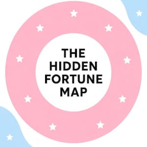 May include: A rectangular graphic print featuring a central pink circle with white stars arranged around the perimeter. The white centre contains the black text THE HIDDEN FORTUNE MAP. The corners have light blue wavy shapes with white stars.