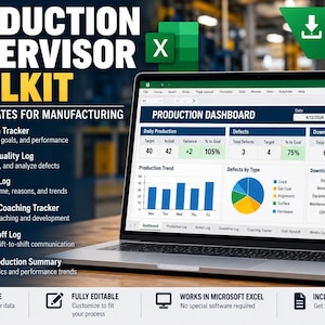 May include: A laptop displaying a Production Supervisor Toolkit dashboard with Excel templates for manufacturing. The screen shows a production tracker, defect log, and downtime log with charts and data tables for tracking output and performance.