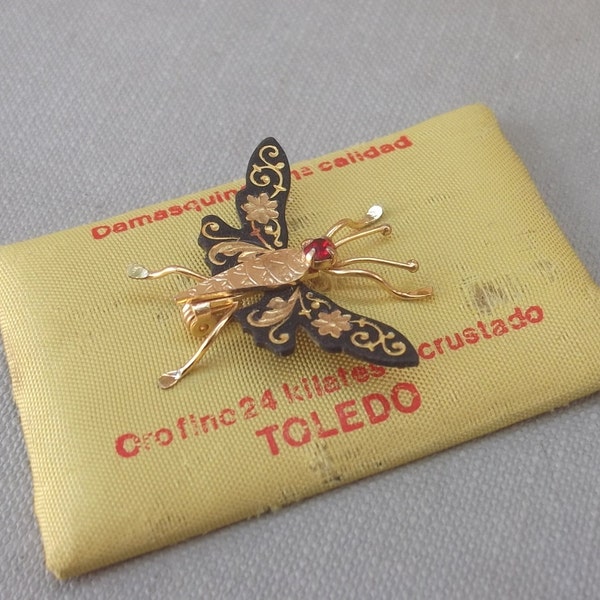 Vintage Spanish Toledo Damascene Brooch, Butterfly Brooch, 24k Gold Inlay / Incrustation, Insect Jewelry