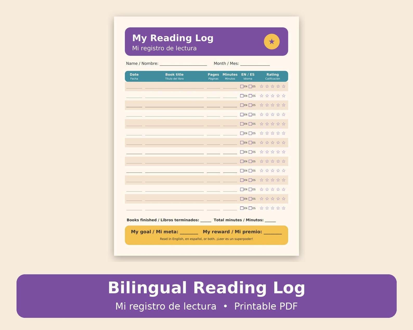 Dual Language Book First Bilingual Reading Log, English Spanish Kids Reading Tracker, Printable ...