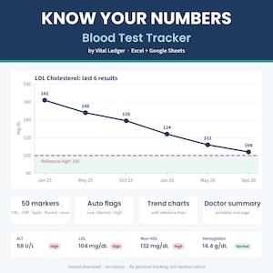 Blood Test Tracker Spreadsheet, Lab Results Log, Bloodwork Tracker for Cholesterol A1C Thyroid, Excel and Google Sheets, Know Your Numbers