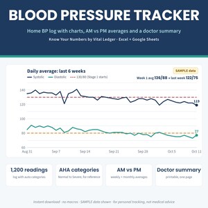 Blood Pressure Log Spreadsheet, Home BP Tracker, Morning Evening Averages, Doctor Summary, Google Sheets Excel