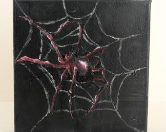 Red Spider Painting, Hand Painted Acrylic Canvas, Halloween Art, Spooky Home Decor