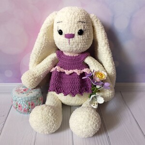 Plush Bunny toy in lilac dress, Handmade soft bunny toy for sleep