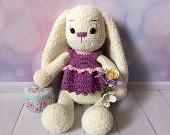 Plush Bunny toy in lilac dress, Handmade soft bunny toy for sleep