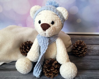 Holiday Teddy Bear toy in blue hat and scarf, stuffed polar bear - Ready to ship