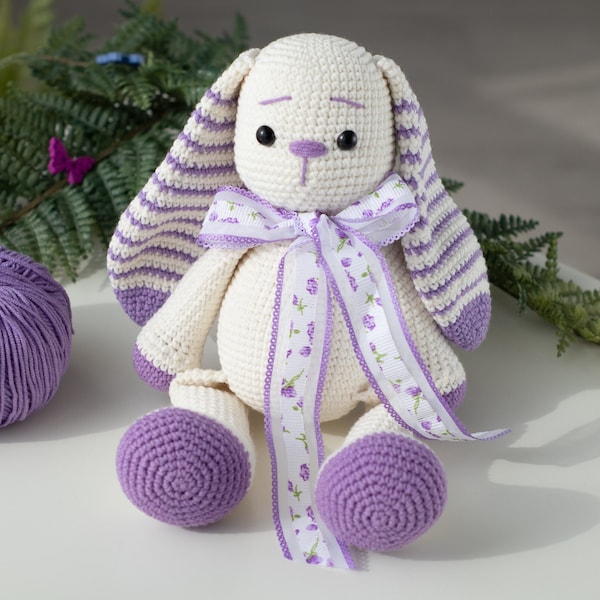 Poupée de lapin en peluche avec de longues oreilles rayées violettes, jouet cadeau de lapin de pépinière, cadeau de lapin de Pâques pour les enfants et les bébés