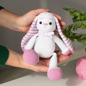 White bunny toy with pink striped long ears, Handmade bunny stuffed animal, Unique gift idea for kids