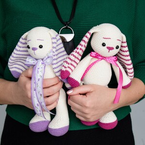 Pink and lilac soft stuffed bunny doll Handmade crochet rabbit toy with striped long ears First birthday girl gift
