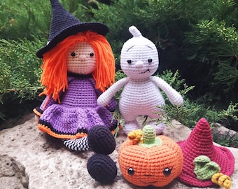 Halloween pattern set 3 in 1, witch doll, ghost, pumkin amigurumi PDF