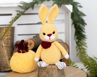 Yellow Easter soft bunny toy, Stuffed rabbit doll, Ogranic baby toy gift for girl