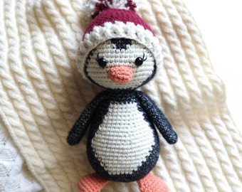 Cute penguin toy in red hat Christmas crochet penguin doll for baby Crochet animals gift for kids