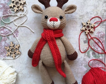Christmas baby reindeer toy, handmade crocheted deer doll