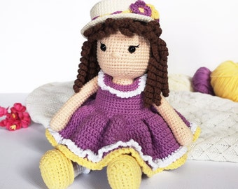Long haired soft doll with purple dress, handmade stuffed doll for girls, crocheted doll