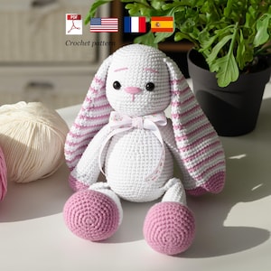 Crochet Bunny Pattern with long ears, Amigurumi rabbit tutorial, DIY, PDF-Instant download, English, Español, Français