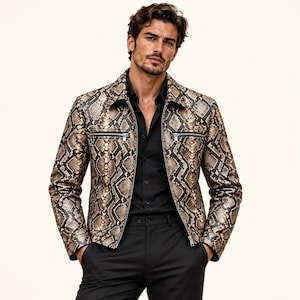 Men's Brown Snakeskin Print Leather Jacket, Exotic Python Style Biker Coat, Luxury Zip Up Motorcycle Jacket
