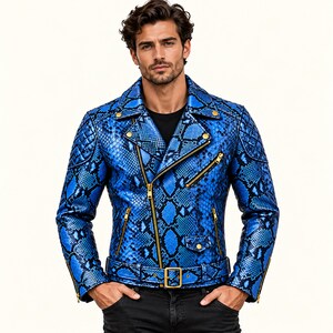 Men's Blue Snakeskin Print Leather Jacket, Exotic Python Style Biker Coat, Luxury Zip Up Motorcycle Jacket