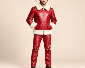 Men's Red Leather Santa Suit, Handmade Christmas Costume, Fur Trim Jacket, Matching Pants and Santa Hat, Luxury Holiday Outfit