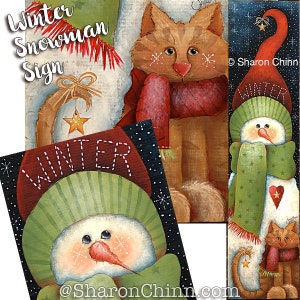 Snowman and Cat Painting Pattern by Download, Winter Snowman Sign, Sharon Chinn, Sweet Patoodies, SC00204