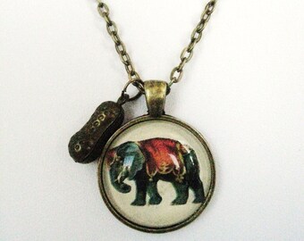 Vintage Circus Elephant Necklace, Cabochon Necklace, Elephant Necklace, Circus Elephant Necklace, Peanut Necklace, Handmade, Gift For Her