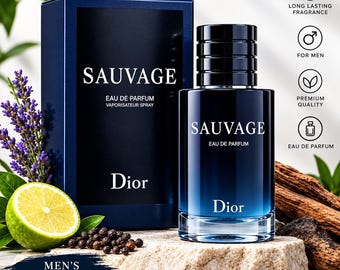 May include: A Dior Sauvage Eau de Parfum bottle and its dark blue rectangular box. The bottle features a gradient blue glass design with a black cap. The packaging displays the text Sauvage, Eau de Parfum, and Dior. Lavender, lime, and peppercorns are visible.
