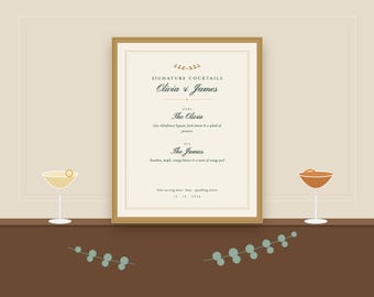 Wedding Bar Sign Bundle, Signature Drinks Sign, Bar Menu, Welcome Sign & Table Numbers, Editable Canva Template, Green Gold Wedding