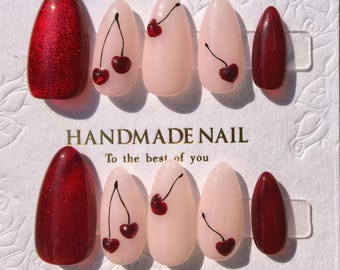 Cherry Press On Nails, Burgundy Shimmer & Blush Pink, Hand-Painted 3D Cherries
