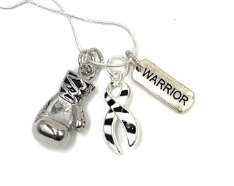 Zebra Ribbon Boxing Glove Necklace - Rare Disease Awareness, Ehlers-Danlos Syndrome, Endocrine Cancer, Immunodeficiency, Zebra Spoonie