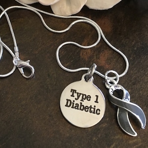 Type 1 and Type 2 Diabetic Diabetes Awareness Bracelet or Necklace / Grey Gray Ribbon / Charm Medical ID Bracelet