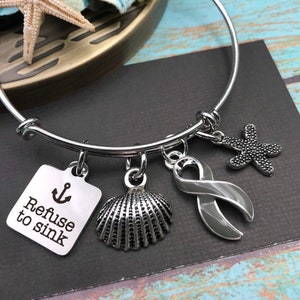 Gray Ribbon Jewelry - Refuse to Sink Bracelet OR Necklace - Aphasia, Asthma, Brain Cancer Survivor, Brain Tumors, Type 1 or 2 Diabetes Gift