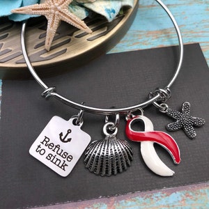 Refuse to Sink Bracelet OR Necklace - Red and White Ribbon - Aplastic Anemia, DVT, Head and Neck, Oral Cancer, Squamous Cell Survivor Gift
