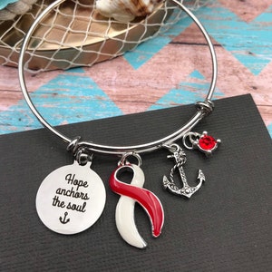Red and White Ribbon - Aplastic Anemia, DVT, Head and Neck, Oral Cancer, Squamous Cell Carcinoma Awareness - Hope Anchors the Soul Bracelet