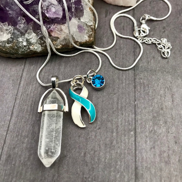 Healing Energy Crystal Quart Necklace - Cervical Cancer Awareness - Teal and White Ribbon Charm - Survivor Gift