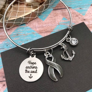 Gray Ribbon Bracelet - Aphasia, Asthma, Brain Cancer Survivor, Brain Tumor, Type 1, 2 Diabetes Awareness Gift - Hope Anchors the Soul Gift