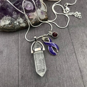 Puede incluir: Un collar de cadena de plata con un colgante de cristal de cuarzo transparente, un dije de cinta morada y un pequeño dije de piedra preciosa roja.