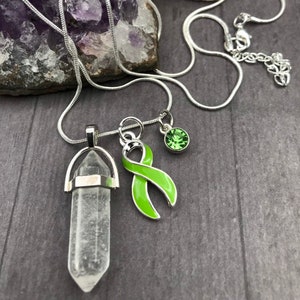 Lime Ribbon Healing Quartz Crystal Necklace - Muscular Dystrophy, Gastroschisis, Lyme Disease, Non-Hodgkin’s Lymphoma, Invisible Illness
