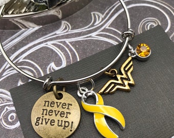 Yellow Ribbon Hero Charm Bracelet - Endometriosis, Ewing Sarcoma, Liver Cancer, Bladder Cancer, Spina Bifida Awareness, Osteosarcoma Warrior